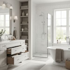 well-organized bathroom with clever storage solutions
