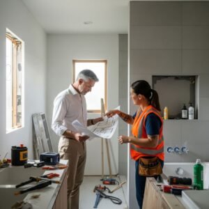 reviewing bathroom layout blueprints