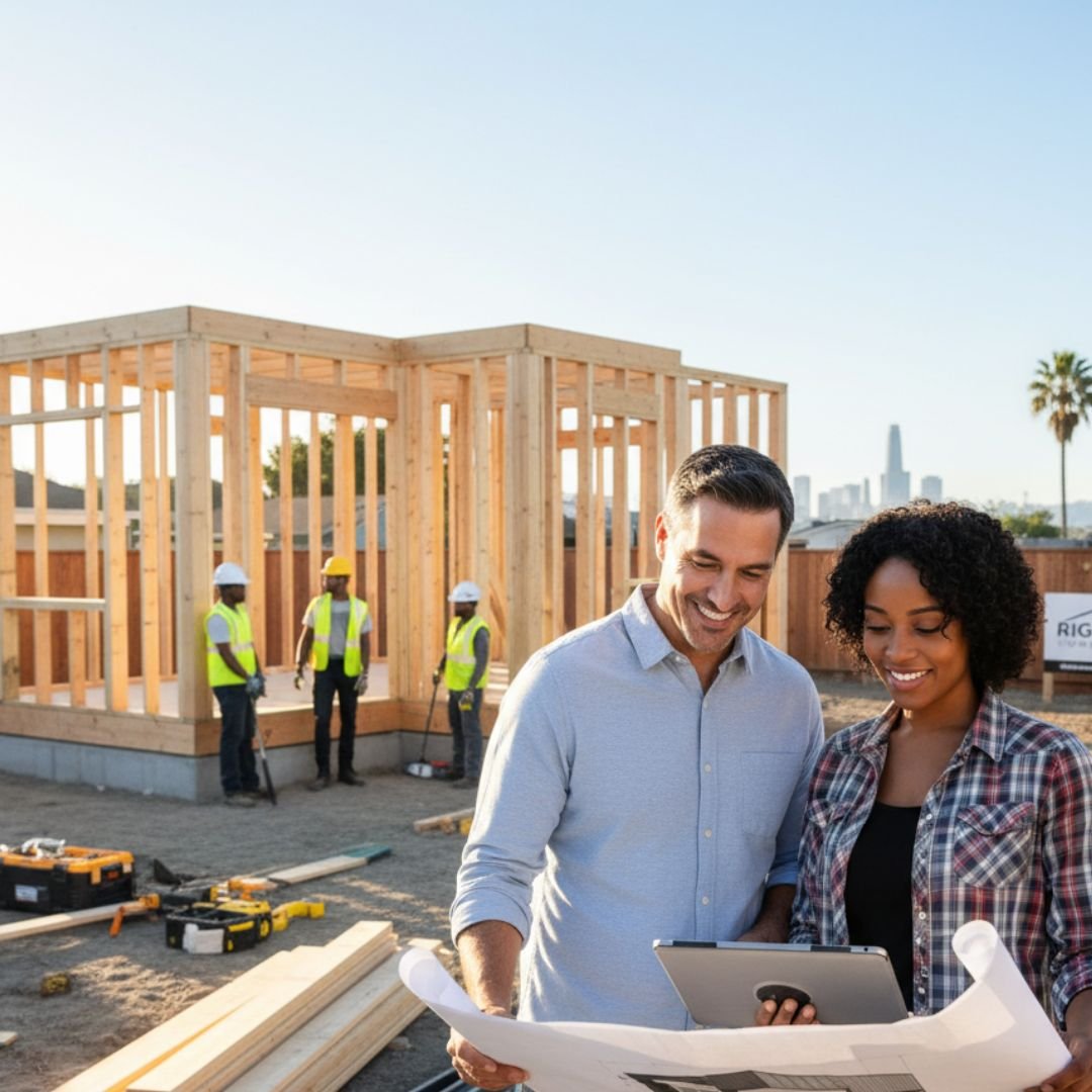 Homeowner and builder looking at blueprint