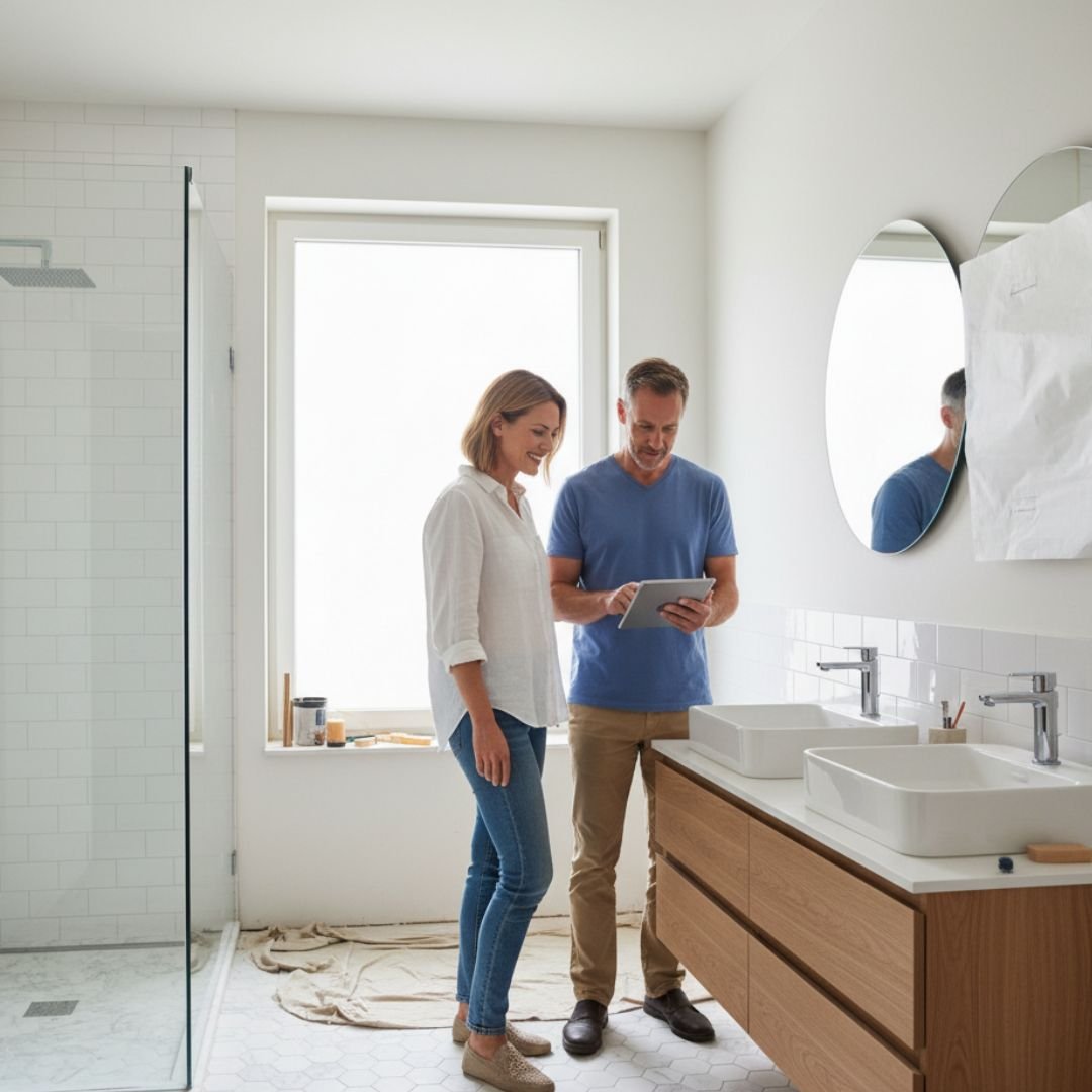 Looking over bathroom renovation plans