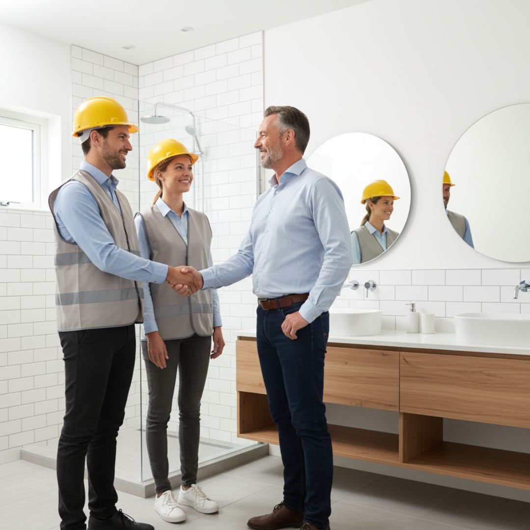 Contractors shaking homeowners hand after bathroom remodel