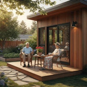 Elderly enjoying the patio of their ADU