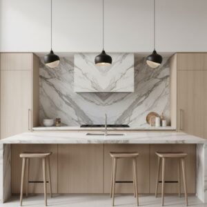 A stylish kitchen features a large island with three black pendant lights and a striking marble slab backsplash behind the stovetop