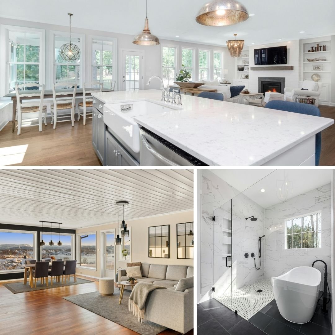 Collage of luxury Alamo home renovations including a spacious open-concept kitchen with a large island, a scenic dining area with large windows, and a marble bathroom with a modern freestanding tub.