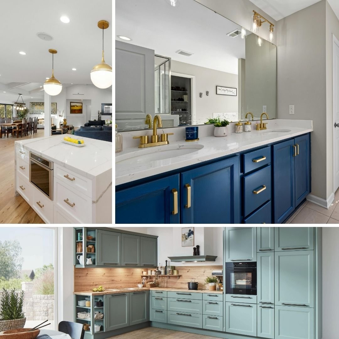 Alamo design details featuring a kitchen island with gold pendant lights, a navy blue bathroom vanity with gold fixtures, and a custom kitchen with teal cabinetry and wood accents.