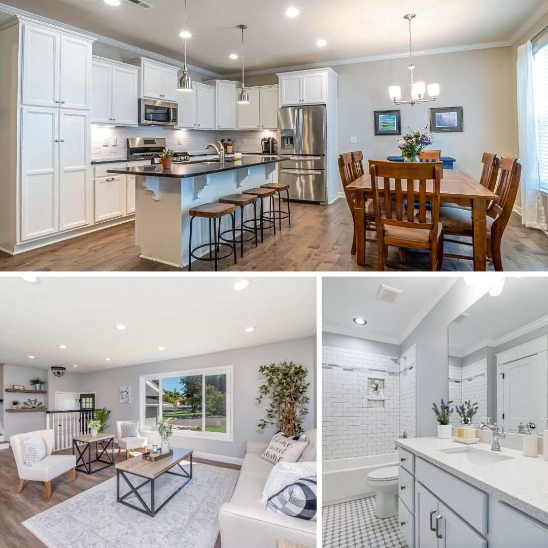 Danville home renovation collage featuring a bright kitchen with white cabinets and a dark island, a cozy living room with modern furniture, and a pristine white tiled bathroom with a grey vanity.