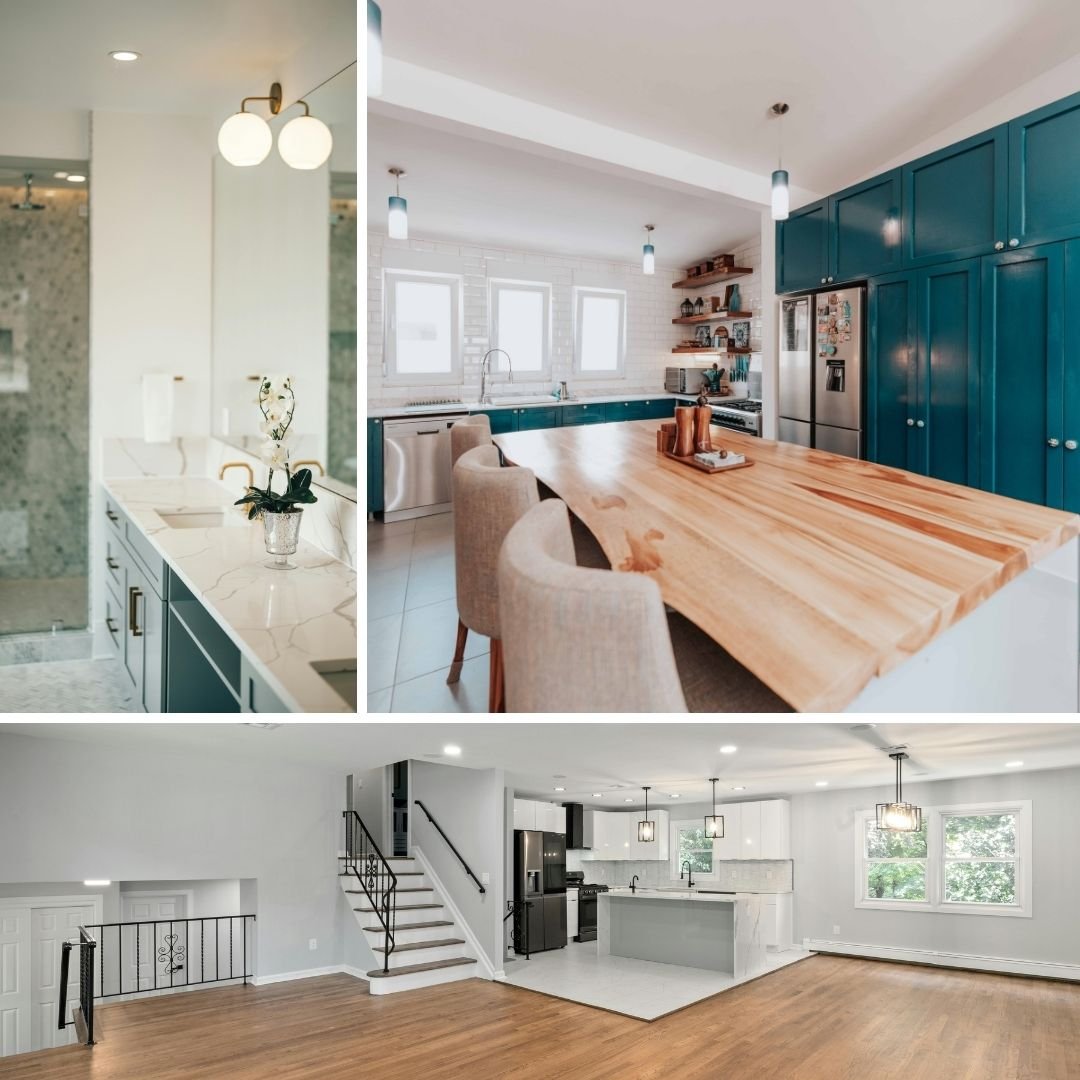 Luxury Danville remodeling project showing a master bathroom vanity with gold fixtures, a vibrant kitchen with teal cabinetry and butcher block island, and a spacious open-concept living area with hardwood floors.