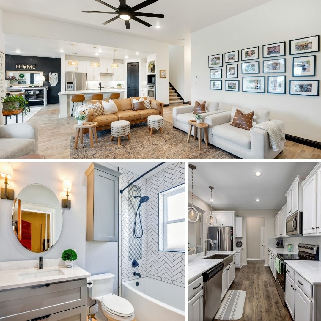 Walnut Creek home transformations showing an open-concept living room with leather furniture, a modern bathroom vanity with a round mirror, and a renovated kitchen with white cabinets and stainless steel appliances.