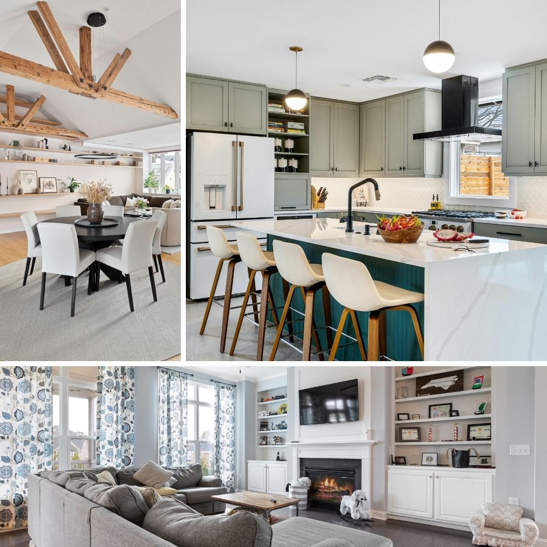 Detailed Walnut Creek remodeling collage featuring a dining area with exposed wood beams, a custom kitchen with sage green cabinets and island seating, and a cozy family room with a fireplace.