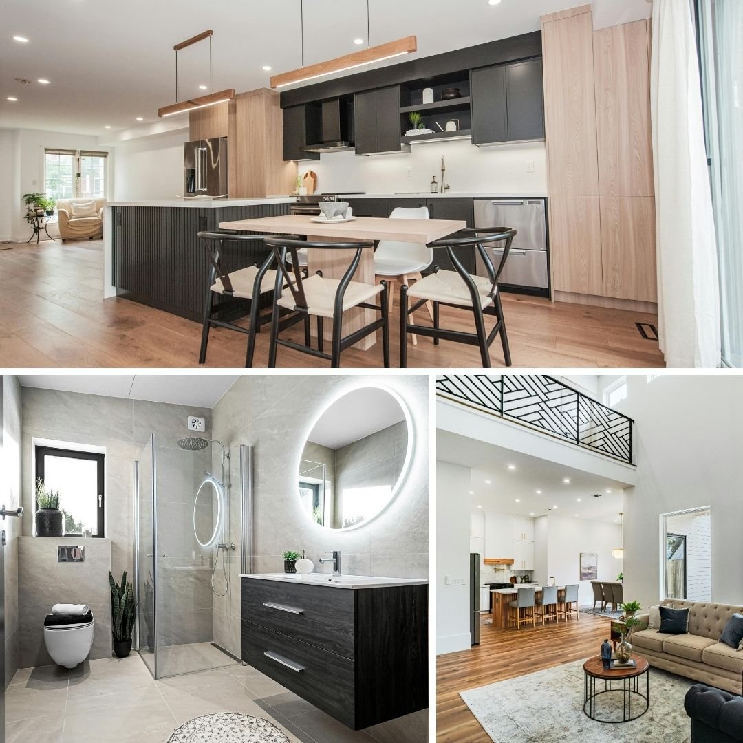 Collage of Bay Area home remodeling projects featuring a modern kitchen with black cabinets and wood accents, a minimalist bathroom with grey tiling and a backlit mirror, and a spacious living room with a loft and high ceilings.