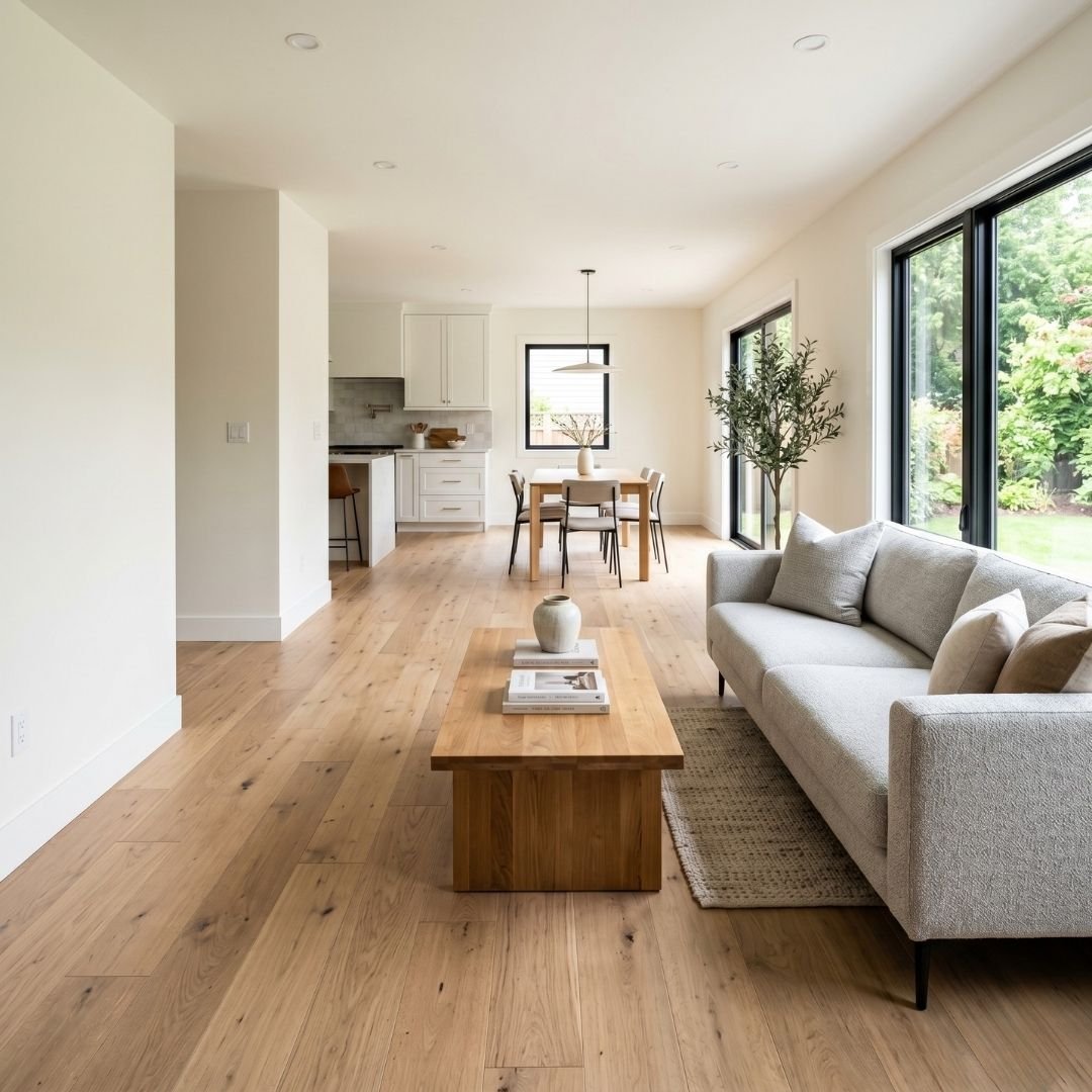 Renovated home interior featuring hardwood floors and modern architectural details.