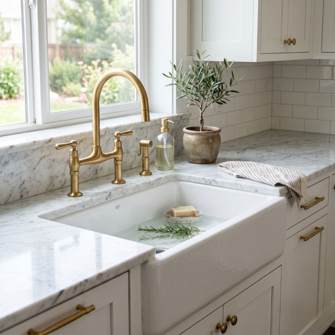 Luxury kitchen remodel with marble countertops and custom gold hardware.