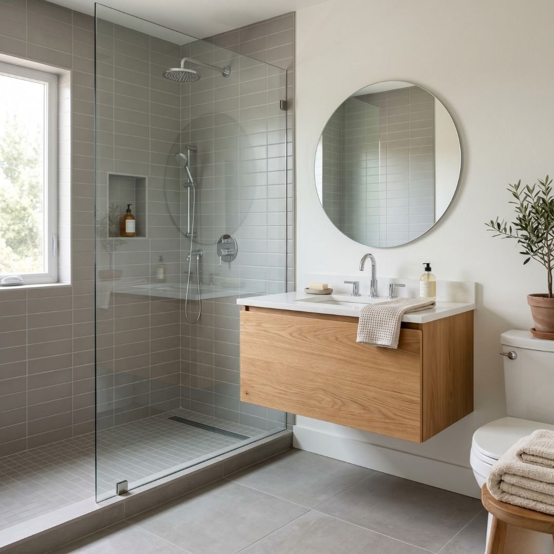 Modern bathroom renovation with a glass walk-in shower and floating vanity.