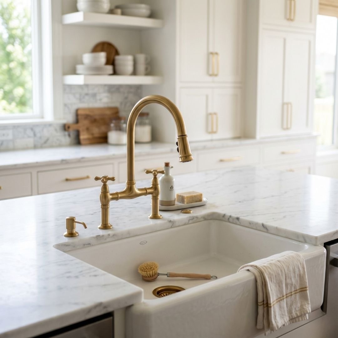 Luxury kitchen remodel featuring marble countertops and gold fixtures.