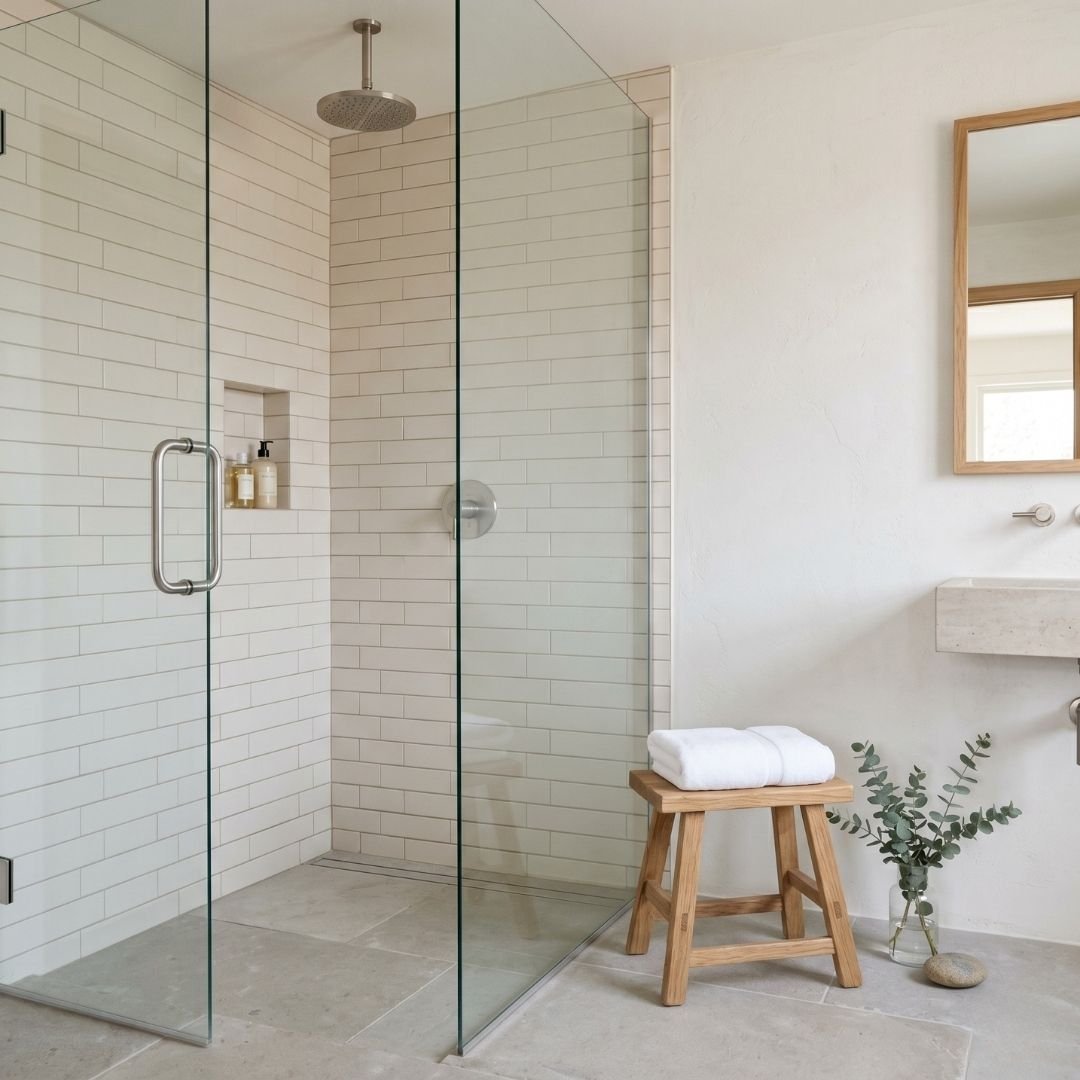 Modern spa-style bathroom with a glass walk-in shower and neutral tiles.