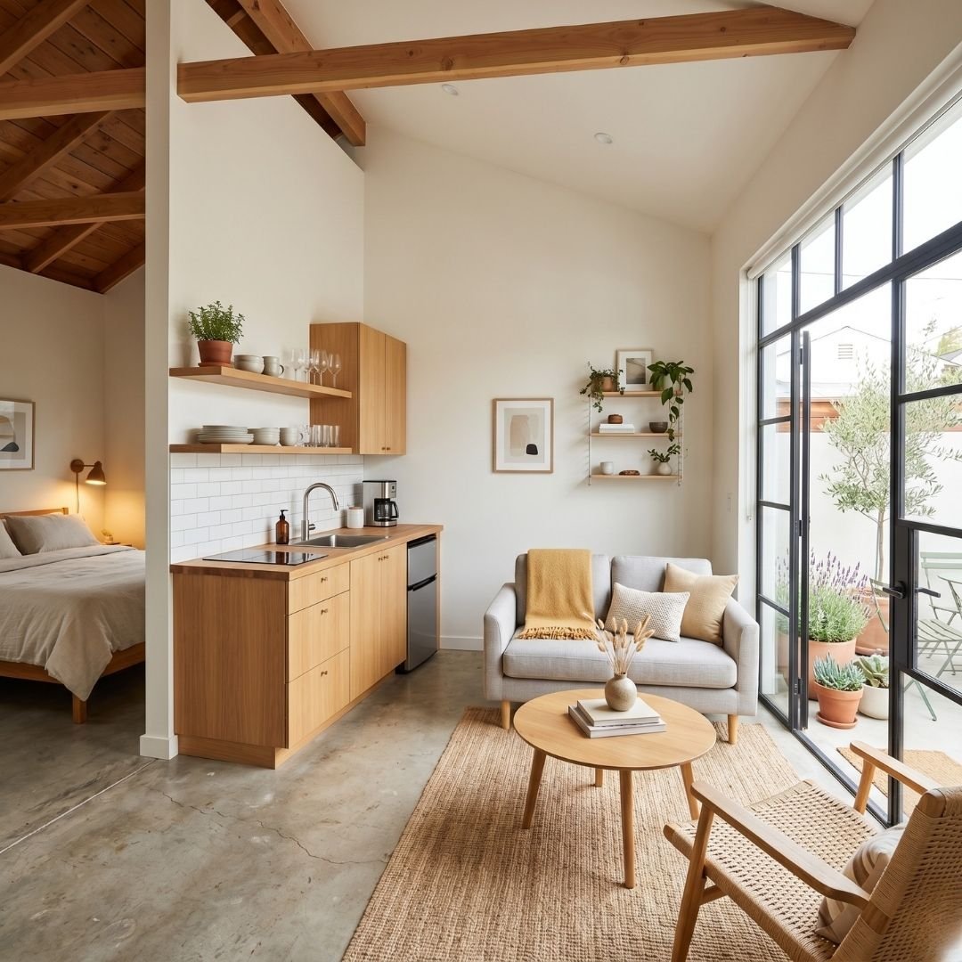 Stylish garage conversion ADU featuring a studio living space and kitchenette.