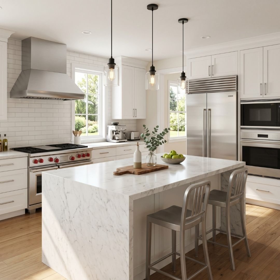 Contemporary kitchen renovation with a white marble island and modern light fixtures.