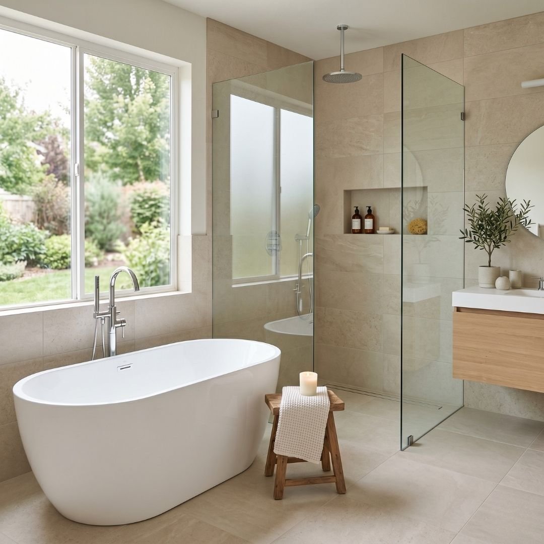 Luxury bathroom remodel featuring a soaking tub and elegant grey tiling.