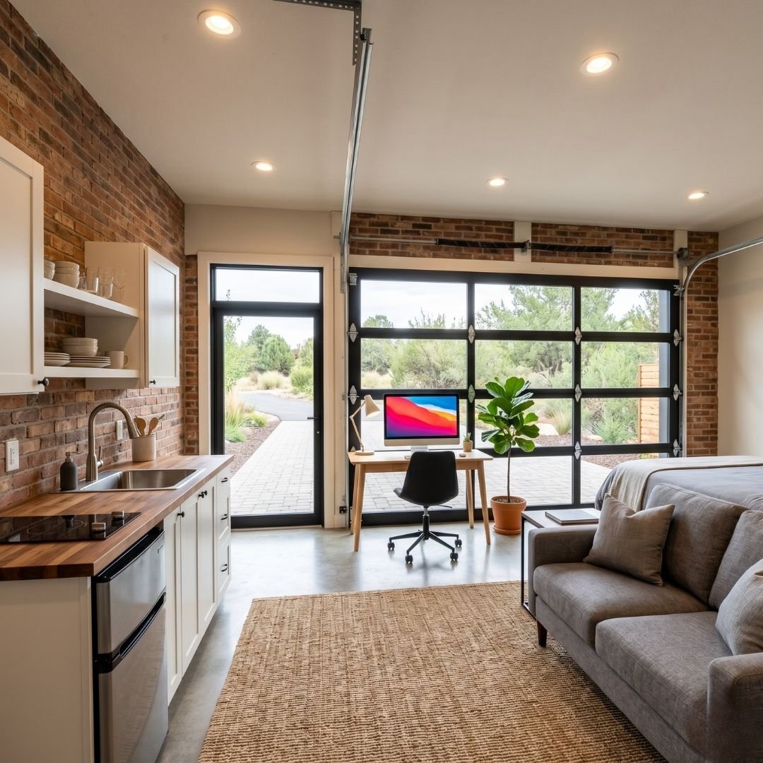 Modern ADU garage conversion interior styled as a functional studio apartment.