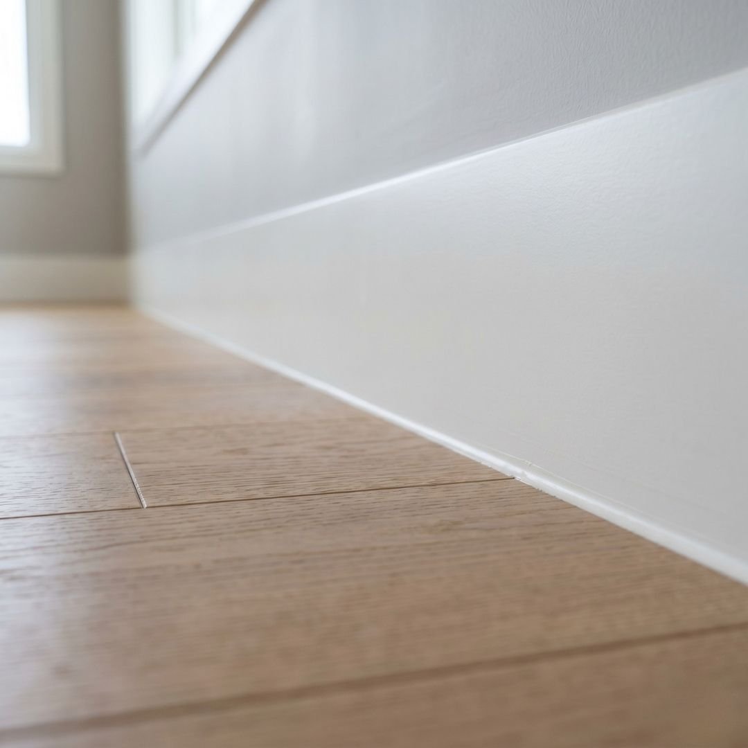 Close-up of professional flooring installation and interior finishing work.