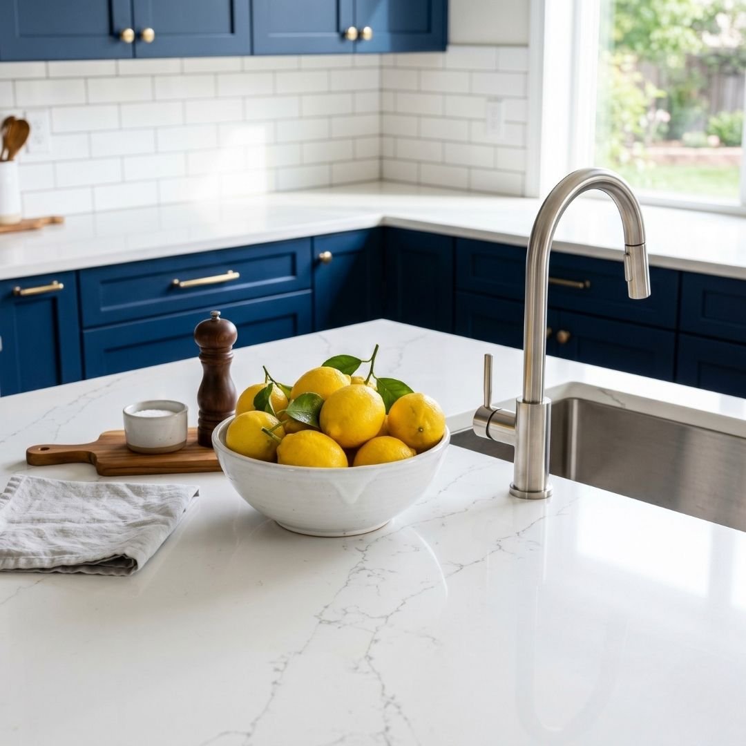 Close-up of a modern kitchen remodel featuring white quartz countertops and custom blue cabinetry.