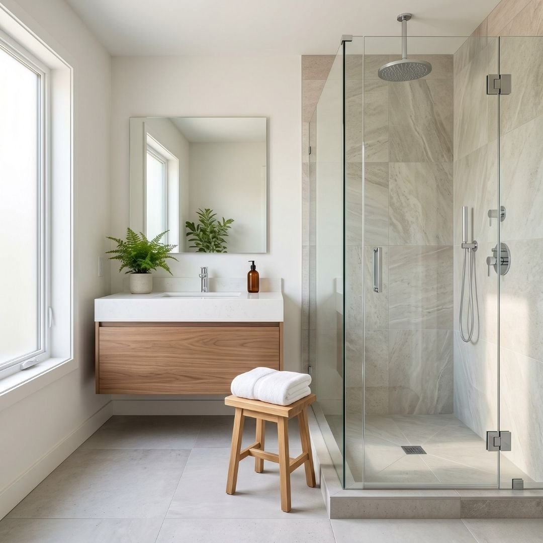 Contemporary bathroom renovation with a glass walk-in shower and neutral tile finishes.