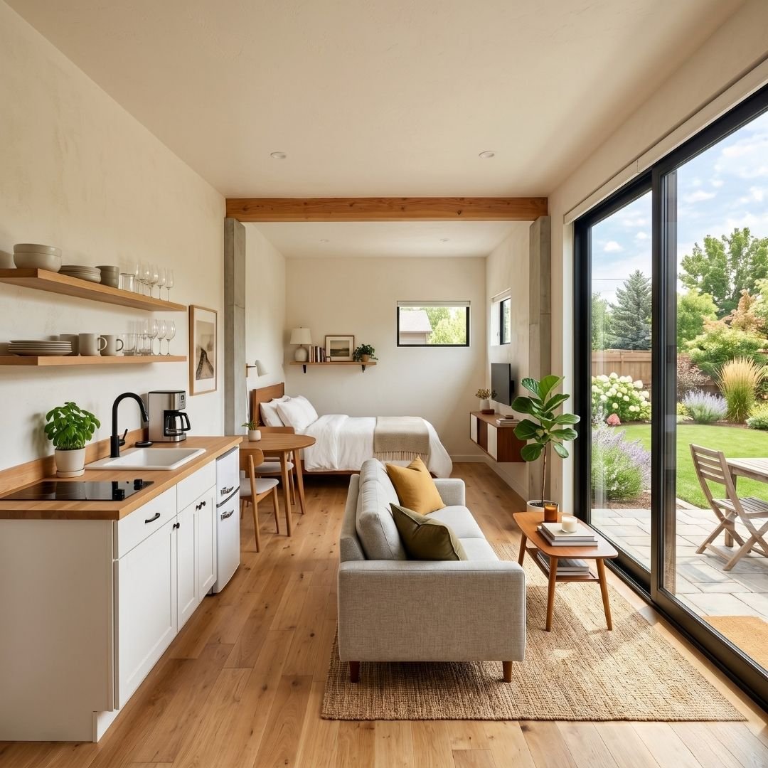 Interior of a finished garage conversion ADU used as a bright studio apartment.
