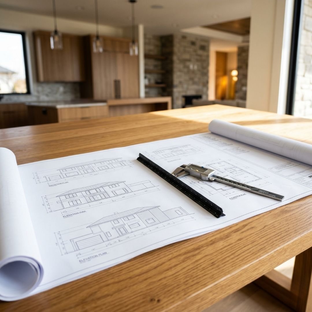 Architectural blueprints and professional tools on a table representing home remodeling planning.