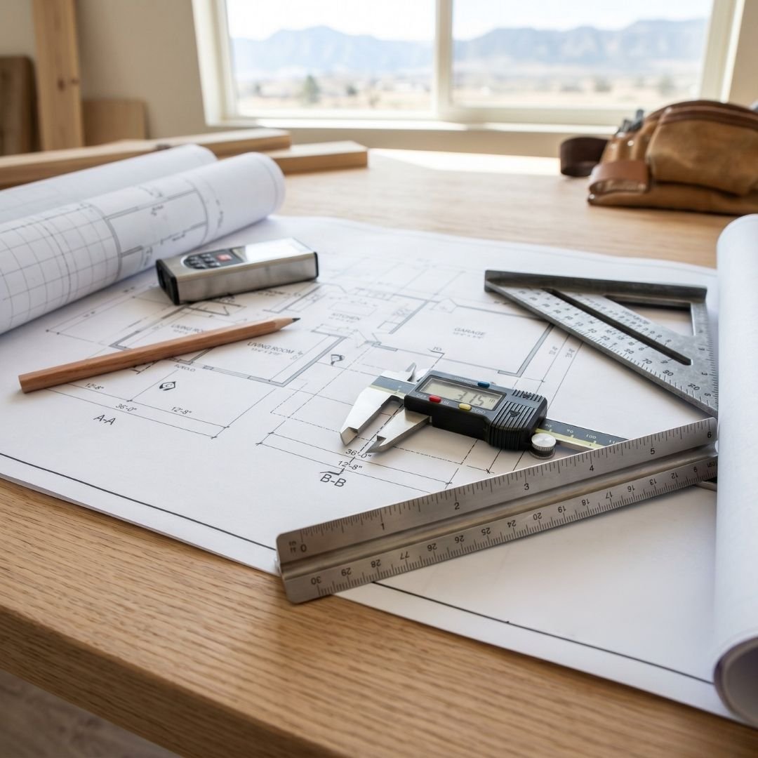 Architectural blueprints and professional construction tools on a wooden surface for home planning.