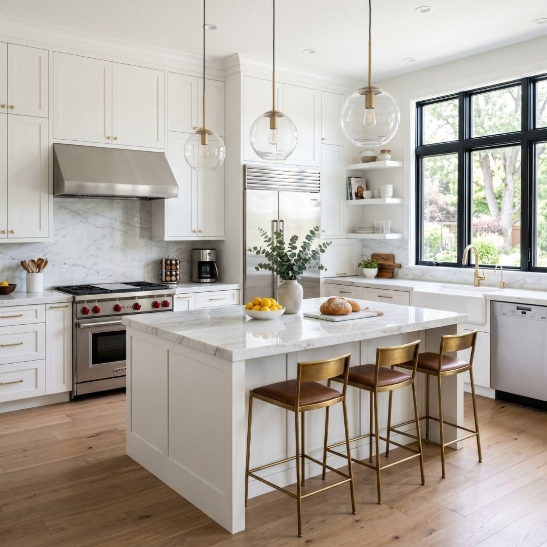 Luxury modern kitchen with white marble countertops and elegant pendant lighting.