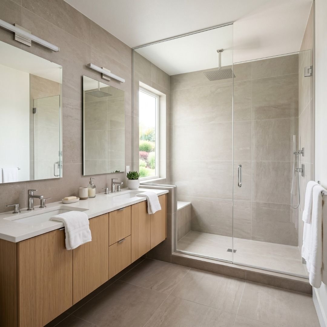 Modern bathroom renovation featuring a glass walk-in shower and contemporary tile work.