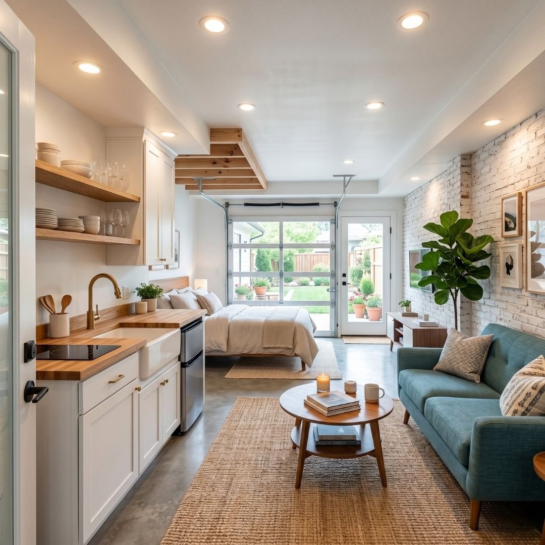 Interior of a finished garage conversion showing a bright, modern studio living space.