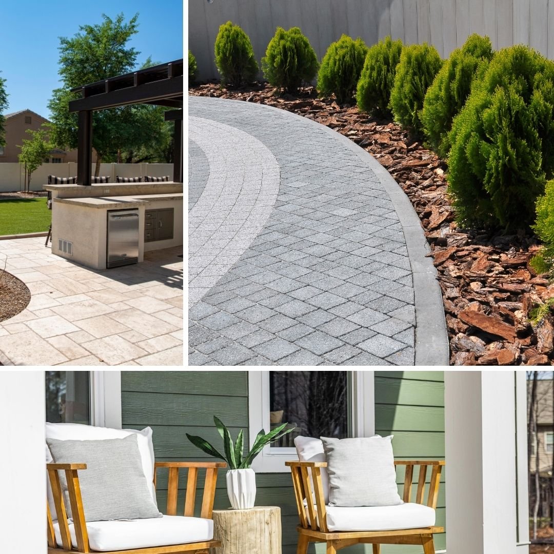 Stamped backyard patio designs and chairs
