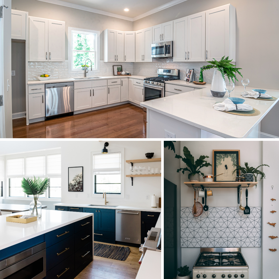 A collage of renovated kitchens.
