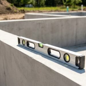 A close-up view of a precision construction level sitting on a newly poured concrete foundation wall.